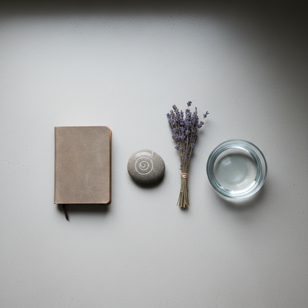 A carefully arranged still life of symbolic objects for healing sits on a pale concrete surface: a smooth river stone engraved with a subtle spiral, a closed leather-bound journal in warm grey, a small bundle of dried lavender, and a glass bowl filled with clear water reflecting soft light. The items are spaced with intentional negative space, forming a gentle arc. Overcast daylight from a nearby unseen window creates even, diffused illumination with delicate reflections in the water and subdued shadows. Captured from directly above in a bird’s-eye view, the composition feels ordered yet organic. The mood is serene and grounding, suggesting trauma-informed care and ritual without being overtly spiritual, rendered in photographic realism with a muted, sophisticated palette and refined details.