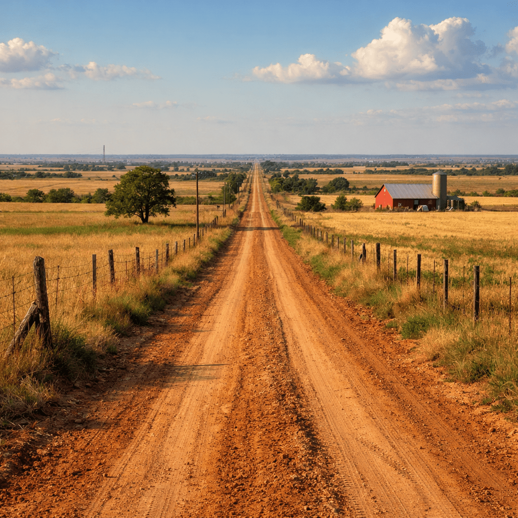Straight dirt road bordered by fences and fields leading to a red barn and silo