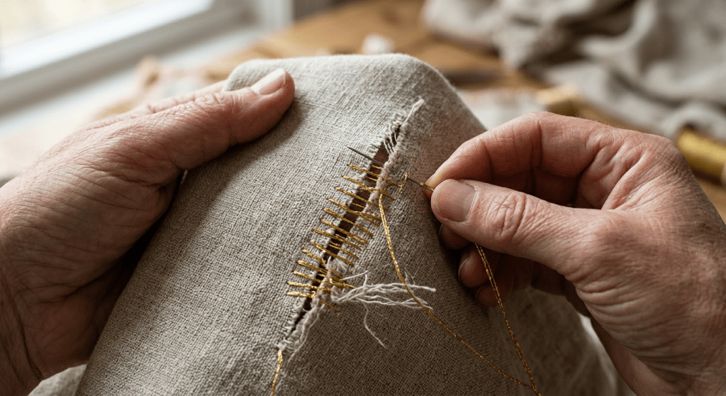 Hands stitching gold thread to mend torn beige fabric