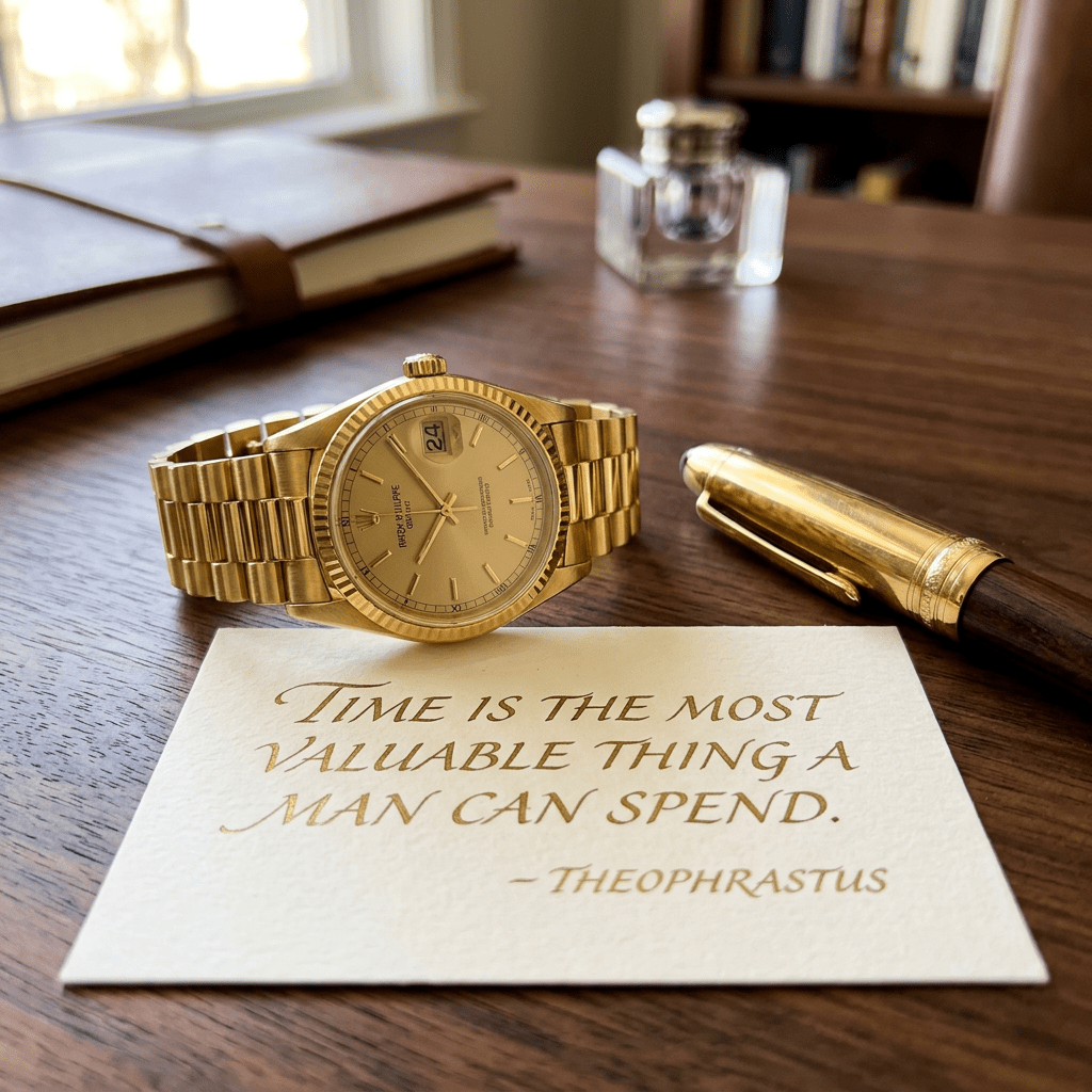 Gold wristwatch, handwritten card with quote on time, and gold pen on wooden table