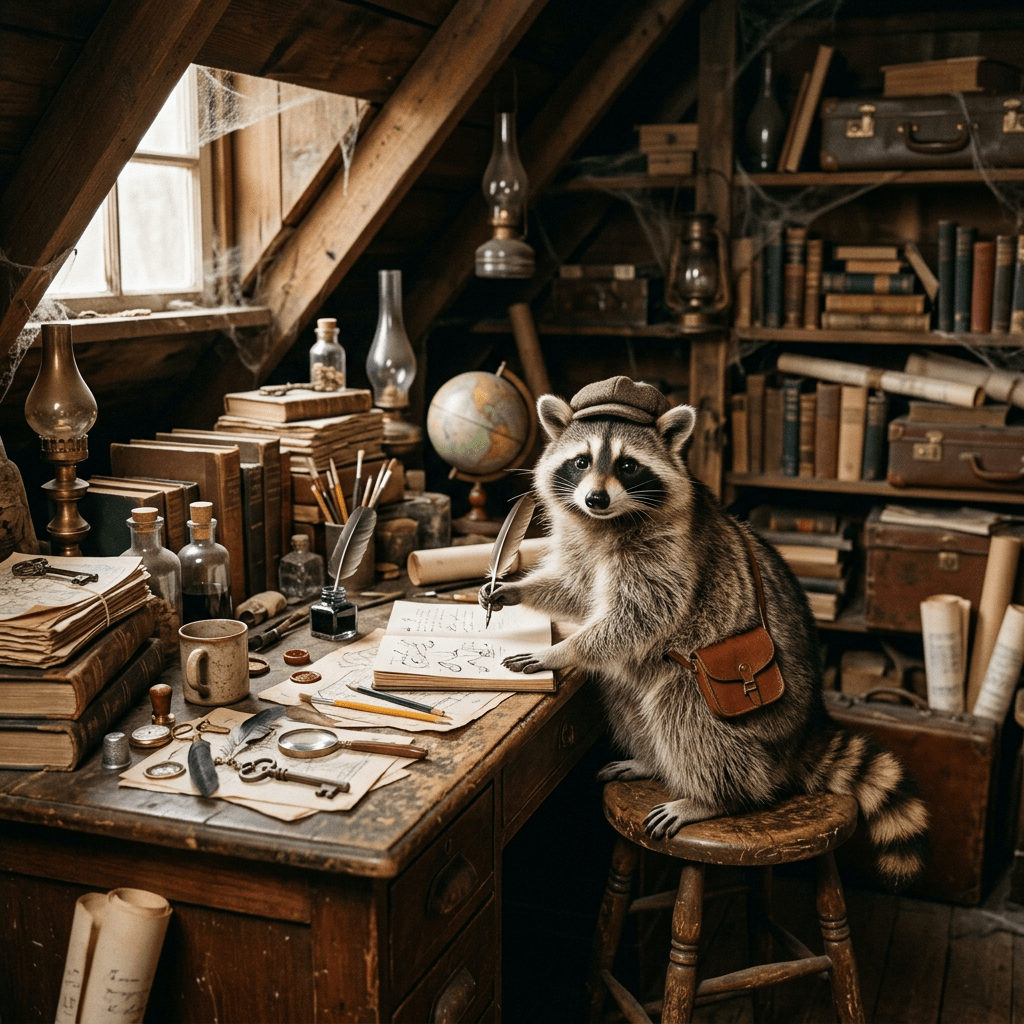 Raccoon wearing a cap and satchel writing with a quill at a cluttered wooden desk in an attic.
