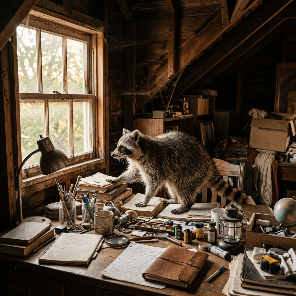 Raccoon standing on a cluttered wooden desk in an attic room with books and various items