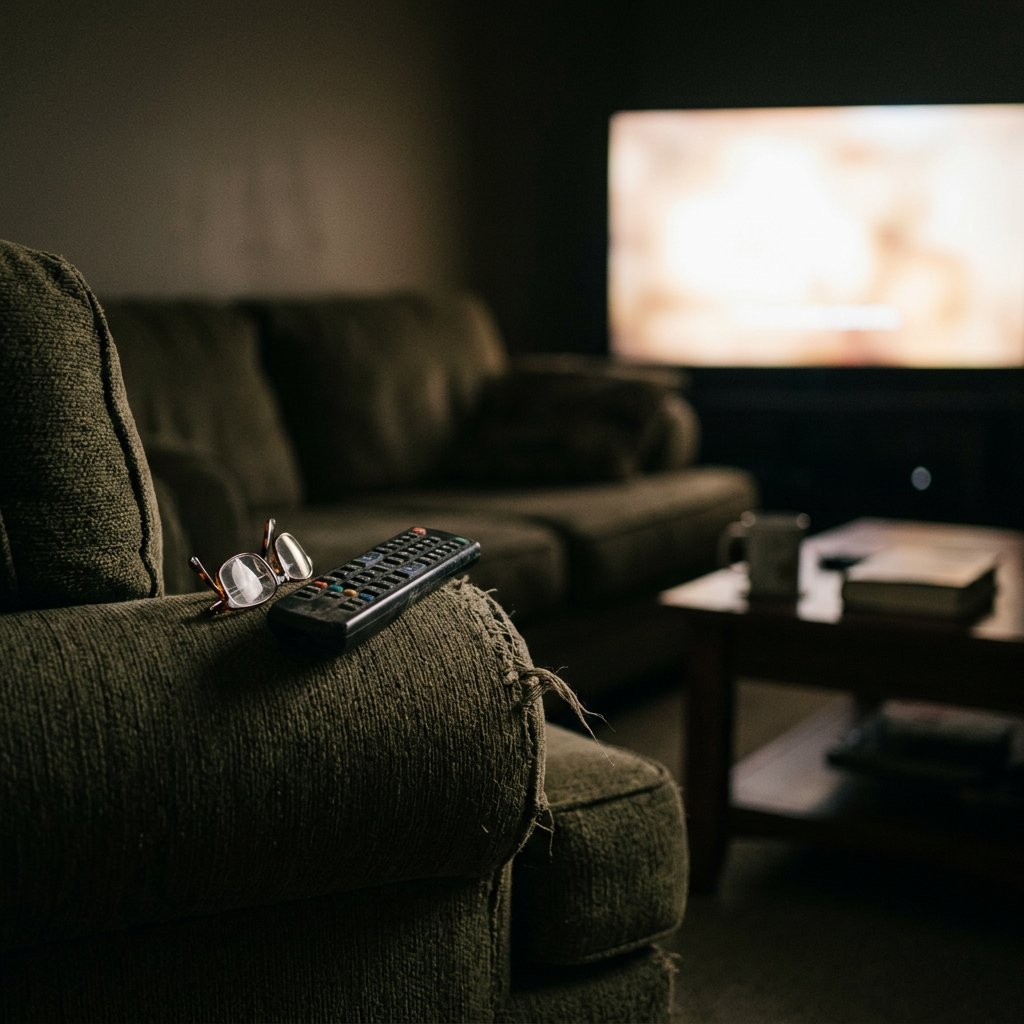 Remote and reading glasses on worn couch